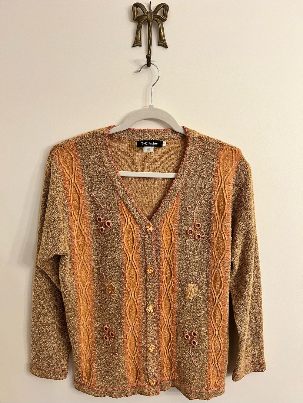 VTG Fall Embroidered Leaf Knit Cardigan Sweater Cottagecore Grandmacore Womens L